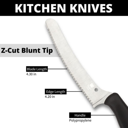 Razor Sharp AZ Spyderco Z-Cut kitchen knife with a serrated CTS BD1N stainless steel blade and black handle