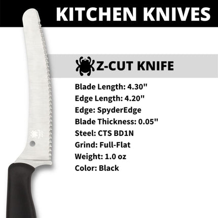 Razor Sharp AZ Spyderco Z-Cut kitchen knife with a serrated CTS BD1N stainless steel blade and black handle