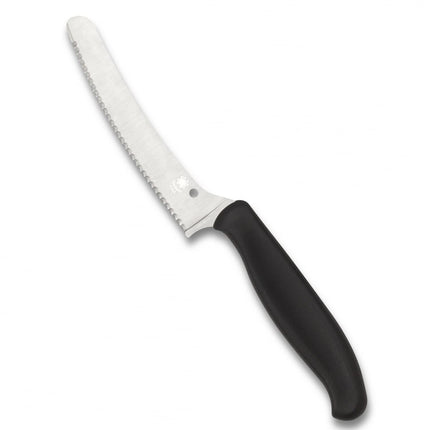 Razor Sharp AZ Spyderco Z-Cut kitchen knife featuring a black polypropylene handle and serrated CTS BD1N steel blade.