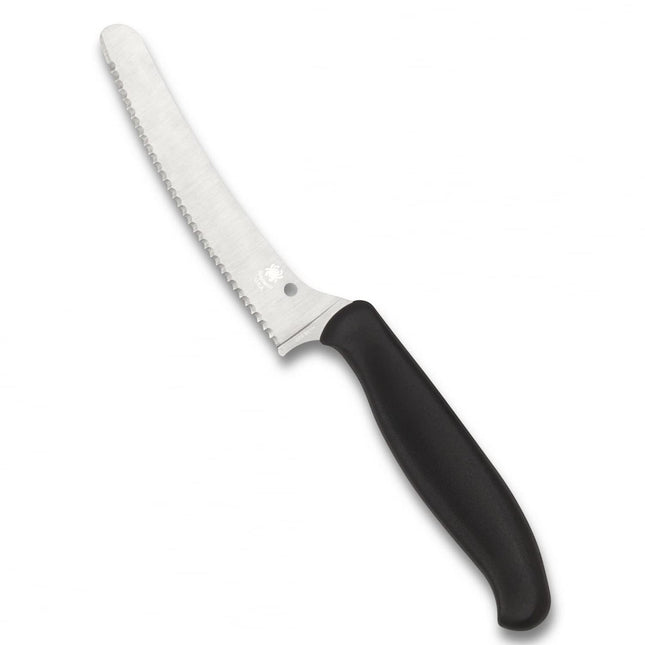 Razor Sharp AZ Spyderco Z-Cut kitchen knife featuring a black polypropylene handle and serrated CTS BD1N steel blade.