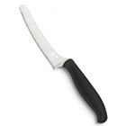 Razor Sharp AZ Spyderco Z-Cut kitchen knife featuring a black polypropylene handle and serrated CTS BD1N steel blade.