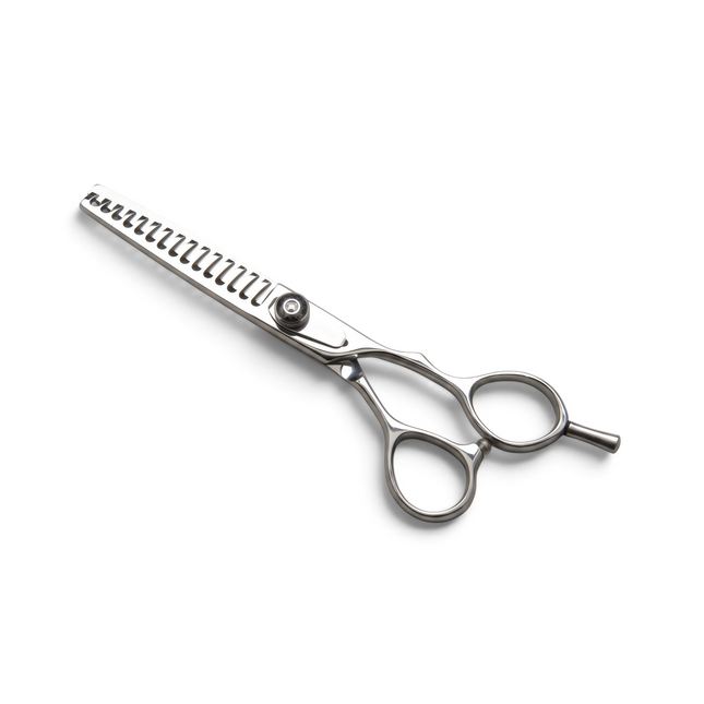 Razor Sharp AZ 6-inch 15-tooth texturizing shears made of Japanese Hitachi V-10 stainless steel with adjustable dial.