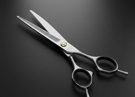 Razor Sharp AZ professional thinning shears with silver metal blades and black finger grips.
