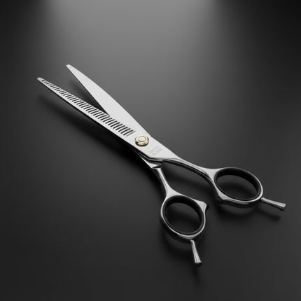Razor Sharp AZ professional thinning shears with silver metal blades and black finger grips.