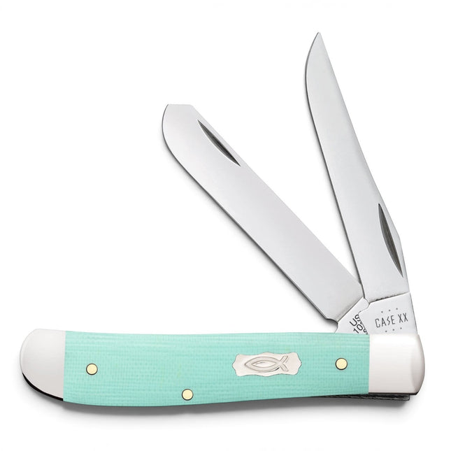 Razor Sharp AZ Case Mini Trapper pocket knife with Tiffany Blue G-10 handle, Ichthus shield, and two steel blades.