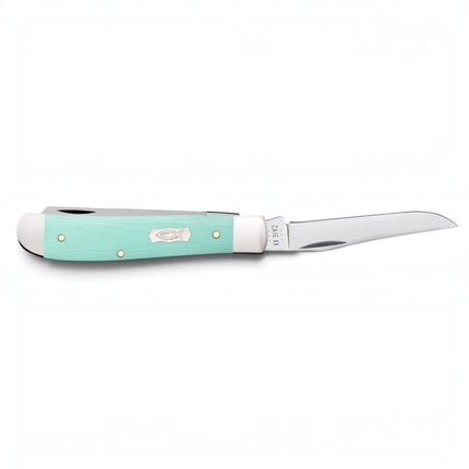 Razor Sharp AZ Case Mini Trapper pocket knife with a smooth Tiffany Blue G-10 handle and Ichthus fish shield
