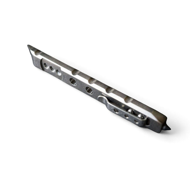 Razor Sharp AZ Ti-Pry Pocket Edition titanium pry bar with integrated pocket clip and tungsten carbide glass breaker.