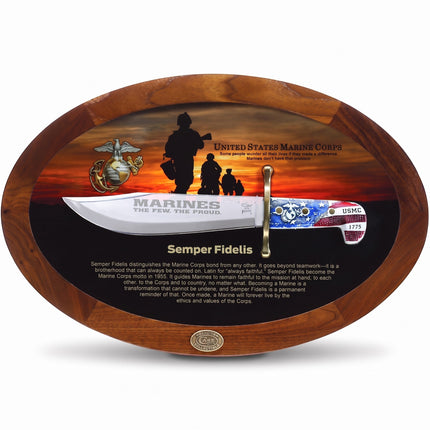 Razor Sharp AZ Case Semper Fidelis USMC Bowie knife with mirror-polished blade in a wooden display case