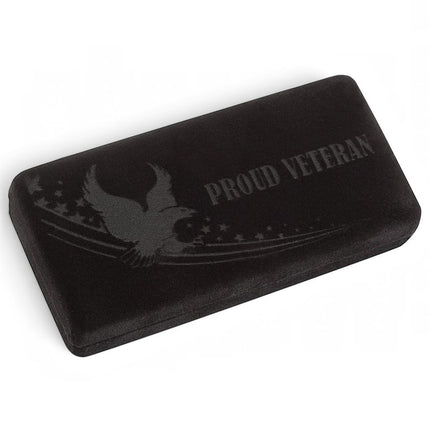 Razor Sharp AZ black velvet gift box featuring a Proud Veteran eagle and star graphic for a Case Trapper knife