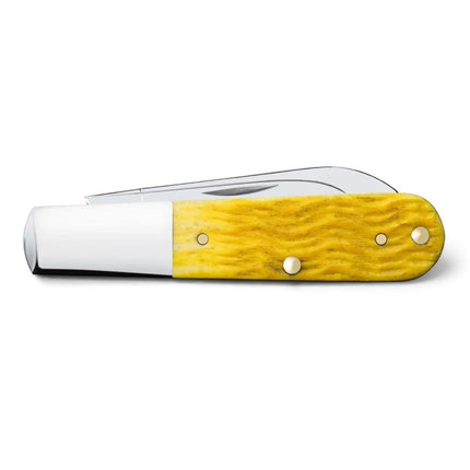 Razor Sharp AZ Case Platts Jig Yellow Bone Barlow pocket knife with a yellow jigged bone handle and nickel silver bolster