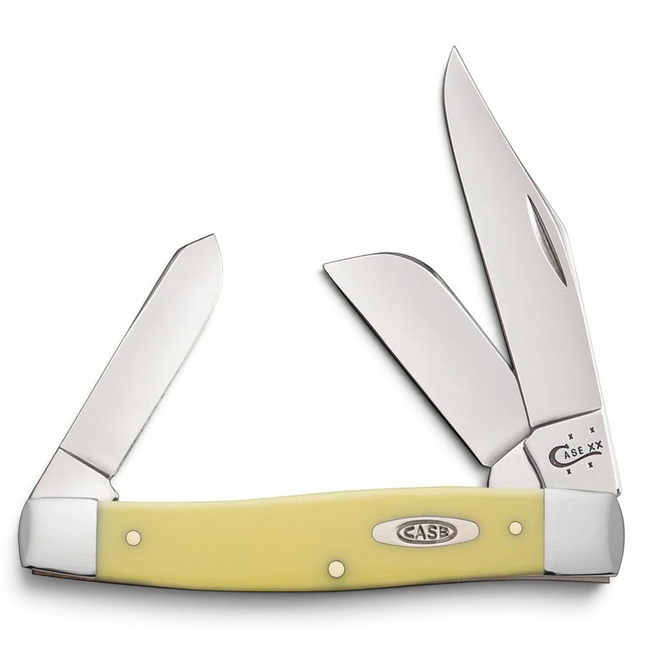 Razor Sharp AZ Case Yellow Synthetic Large Stockman pocket knife with three carbon steel blades and nickel bolsters.