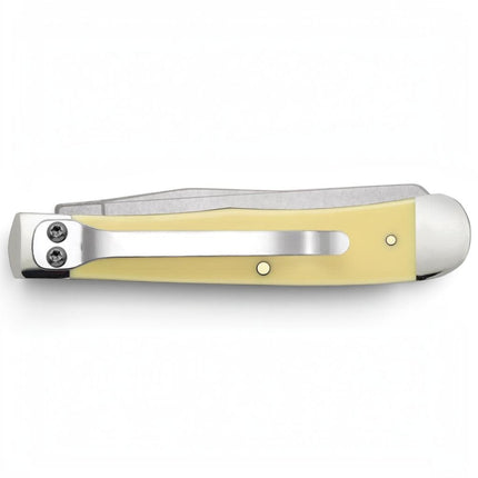 Razor Sharp AZ Case Yellow Synthetic Trapper pocket knife with a bright yellow handle and stainless steel pocket clip.