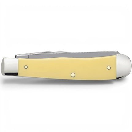 Razor Sharp AZ Case Yellow Synthetic Trapper knife with a closed handle and polished carbon steel bolsters.