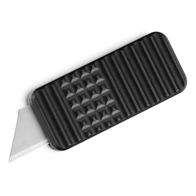 Razor Sharp AZ Rivery Zero V2 manual OTF utility knife with a black anodized aluminum body and gemstone pattern.