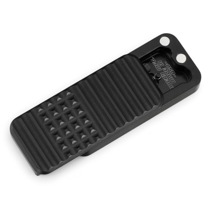 Razor Sharp AZ Rivery Zero V2 manual OTF utility knife with black anodized aluminum body and gemstone pattern grip.