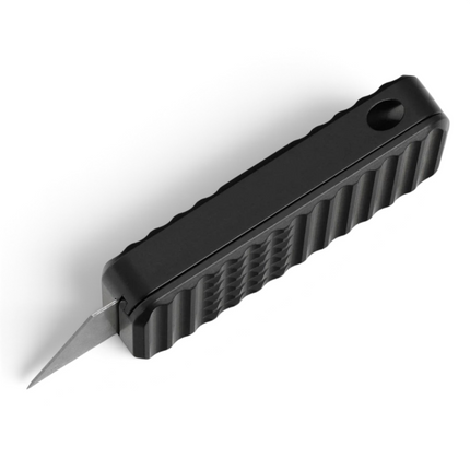 Razor Sharp AZ Rivery Zero V2 manual OTF utility knife with black anodized aluminum body and gemstone pattern grip.