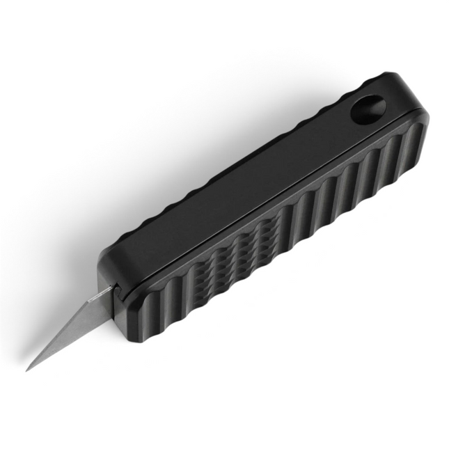 Razor Sharp AZ Rivery Zero V2 manual OTF utility knife with black anodized aluminum body and gemstone pattern grip.