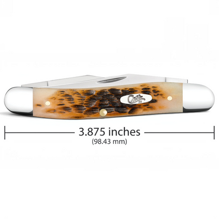Razor Sharp AZ Case Muskrat pocket knife with Amber Bone handle, Peach Seed jig, and mirror-polished steel blades.