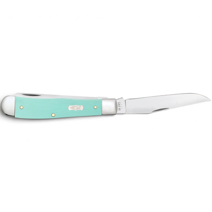 Razor Sharp AZ Case Trapper knife with smooth seafoam green G-10 handle, Ichthus shield, and polished steel blade.