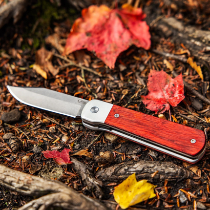 Razor Sharp AZ Case Longhouse knife with Dymalux rosewood handle and stonewash CPM20CV blade resting on forest floor