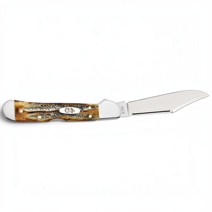 Razor Sharp AZ Case Jigged 6.5 BoneStag Mini CopperLock folding knife with a mirror-polished stainless steel clip blade