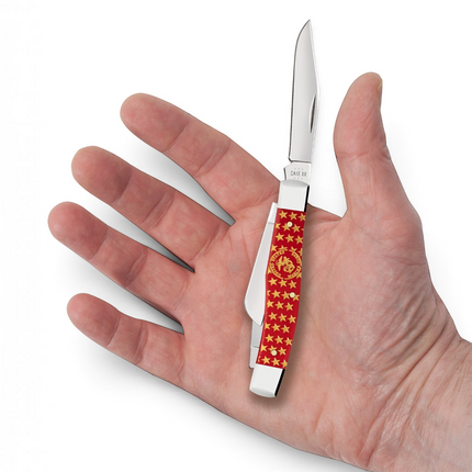 Razor Sharp AZ Case USMC Medium Stockman pocket knife with red synthetic handle, gold stars, and stainless steel blades