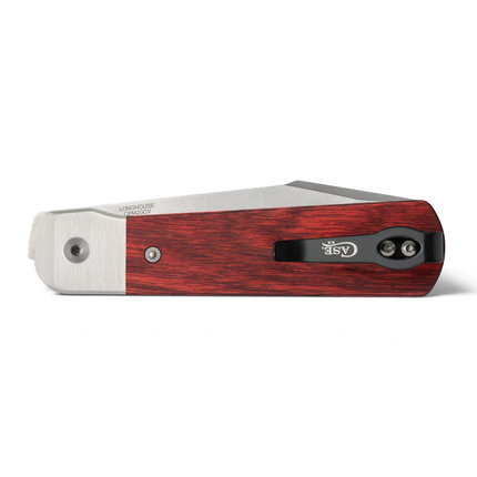 Razor Sharp AZ Case Longhouse folding knife with Dymalux rosewood handle, aluminum bolster, and deep carry pocket clip.
