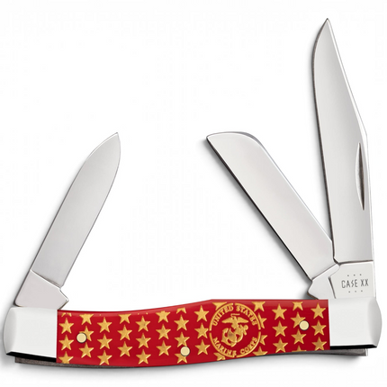 Razor Sharp AZ Case USMC Medium Stockman pocket knife with red synthetic handle, gold stars, and three steel blades.