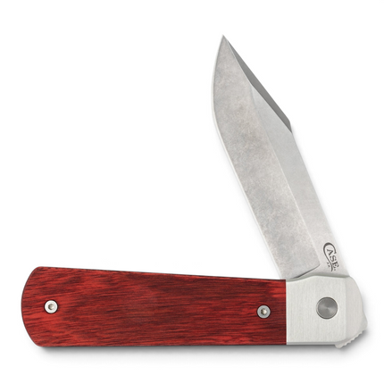 Razor Sharp AZ Case Longhouse folding knife with a red Dymalux rosewood handle and stonewash satin CPM20CV clip blade