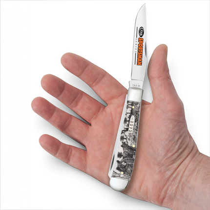 Razor Sharp AZ Case Sportsman Series Bear Trapper pocket knife with smooth natural bone handle and bear scene art