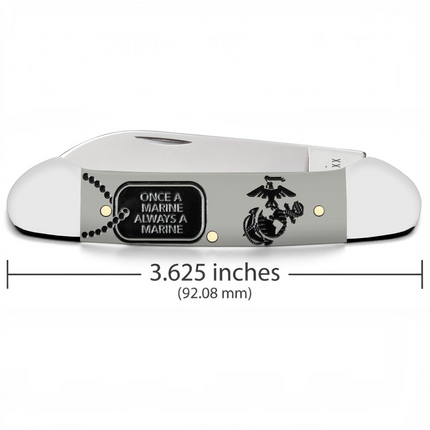 Razor Sharp AZ Case USMC embellished smooth gray synthetic handle folding knife with dog tag and eagle globe anchor