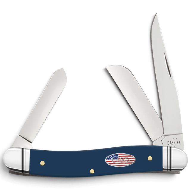 Razor Sharp AZ Case XX Stockman knife with navy blue synthetic handle and Stars and Stripes inlay shield