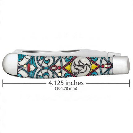 Razor Sharp AZ Case Stained Glass Dove Trapper knife with a color-washed natural bone handle and mirror-polished blades
