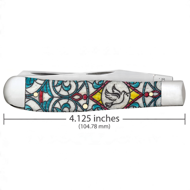 Razor Sharp AZ Case Stained Glass Dove Trapper knife with a color-washed natural bone handle and mirror-polished blades